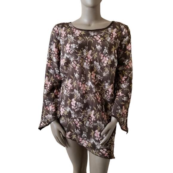 Vtg Dress-U-II By Sharon Blouse Womens 3X Plus Brown Pink Floral Asymmetrical - Picture 3 of 16